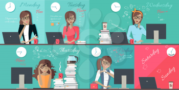 Woman plan work week design flat. Set of images of each working day from monday to friday, office worker woman. Illustration working hours, vector schedule everyday busy work week business woman