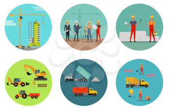 Process of construction of residential houses isolated. Big building dormitory area. Icons of construction machinery, construction workers and engineers design flat style. Vector illustration