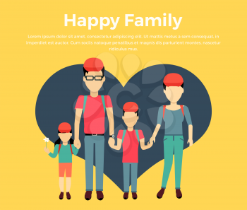 Happy family concept banner design flat style. Young family man and a woman with a son and daughter on a travel. Mother and father with child happiness lifestyle, vector illustration