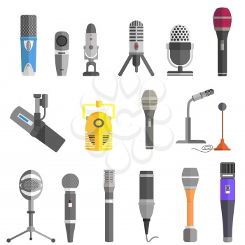 Microphone set design flat isolated icon, vintage microphone stand, sound media, record vocal musical web broadcasting microphone vector illustration