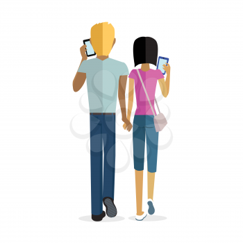 Couple man and woman design flat. Boy and girl are together holding hands and looking at their phones are isolated on a white background. Social internet addiction disorder. Vector illustration