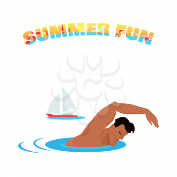 Summer fun banner poster concept design flat. Young handsome guy is swimming in the sea or ocean on summer vacation. Sport holiday with sailing ship, boy adult happy leisure, vector illustration