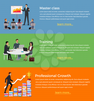 Master class and training set of banner flat design. Business presentation and training, master manager lecture or report, management and communication for company conference, vector illustration