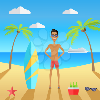 Beach with sand and palm trees in shiny day. Man in sunglasses next to the surfboard and bag refrigerator. Summer vacation concept. Vector illustration