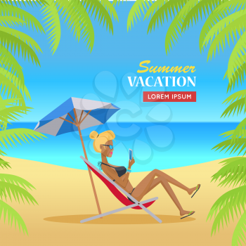 Summer vacation concept banner. Flat design vector illustration. Leisure on tropical sunny beach with palm trees. Ocean horizon background. Woman relaxing in the shade under umbrella. Online on trip.