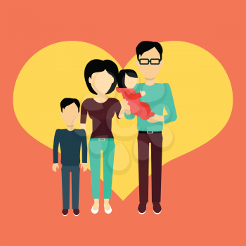 Happy family concept banner design flat style. Young family man and a woman with a son and baby daughter. Mother and father with child happiness lifestyle, vector illustration
