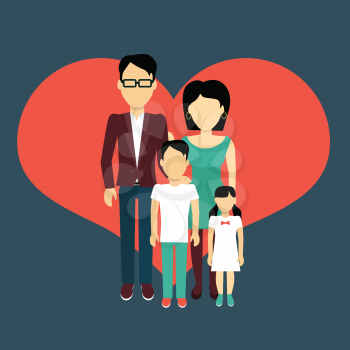 Happy family concept banner design flat style. Young family man and a woman with a son and daughter. Mother and father with child happiness lifestyle, vector illustration