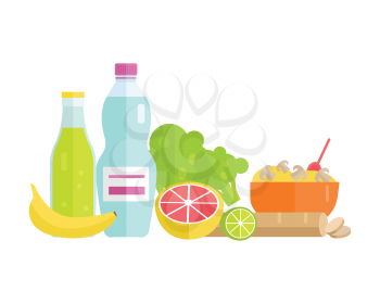 Group of food vector illustrations. Flat design. Collection of various food cereal, bread, soda, water, fruits and vegetables on white background for diet, menus, signboards illustrating. 
