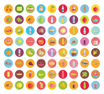 Big set of food icons. Fruits, vegetables, meat, sweets, beverages, bread, pizza, salads, sandwiches, honey, sauces milk products for farm grocery shop food delivery cafe menu illustrating