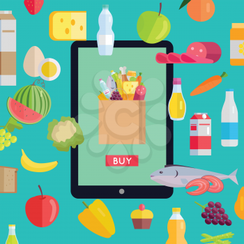 Online food market web banner. Vector in flat design. Illustration of various food and drinks with web page template on tablet screen. Concept for grocery shop, supermarket, farm site design.   