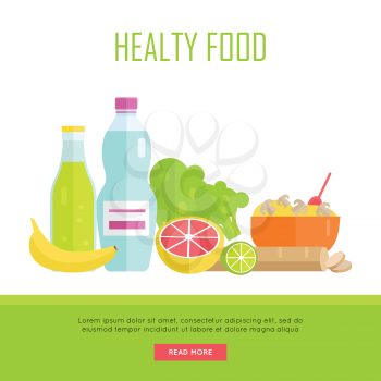Healthy food concept web banner. Vector in flat design. Illustration of various food cereal, bread, soda, water, fruits and vegetables on white background for cafe, stores, gym web pages design. 