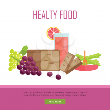 Healthy food concept web banner. Flat style design. Illustration of various food bread, juice, sausage, fruits and vegetables on white background for diet infographics, stores, cafe web pages design.