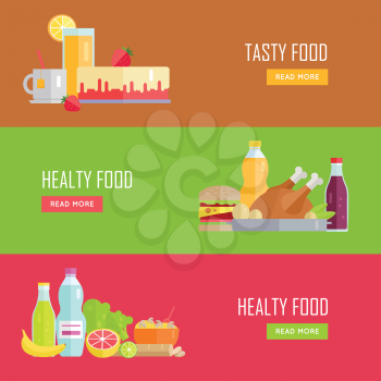 Set of Tasty and Healthy Food banners. Flat design. Collection of nutrition horizontal concept vectors with various foods and drinks. Illustration for cafe, grocery, farm web page, menus design.   