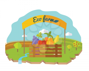 Eco farm conceptual vector in flat style design. Box with vegetables and fruits under the banner with fields and garden on background. Fresh organic products concept. Isolated on white background. 