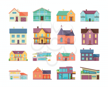 Big set of houses, buildings and architecture variations isolated on white. Countryside or city architecture. Part of series of modern buildings in flat design style. Real estate concept. Vector