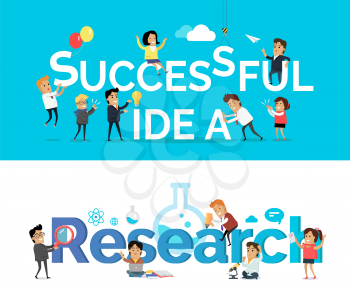 Successful idea and research vector banner. Flat design. Team brain storm, scientist work concept for business planning, scientific Infographics, creative process, market research illustrating.