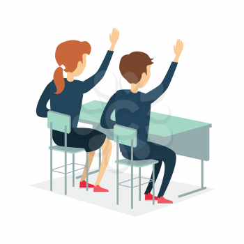 Two pupils raising hand and sitting at a school desk. Studying in classroom. Pupils in school uniform. Learning process. Schoolgirl and schoolboy personage. Vector illustration on white background