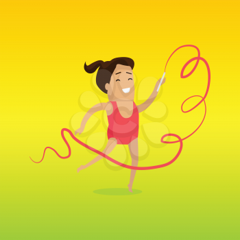 Gymnast vector in flat design. Smiling woman character in red gymnastics leotards dancing with ribbon. Sport  competition. Illustration for moving activity, games and hobby concepts