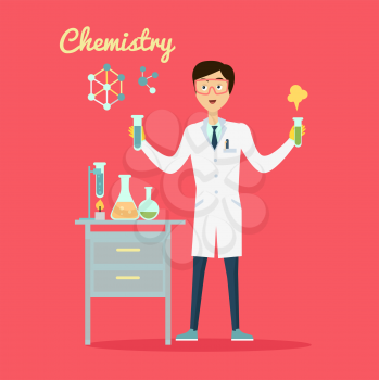 Chemistry banner concept flat style. Scientist chemist in a laboratory flask in hands holds a science experiment isolated on a red background. Technology research and experiment. Vector illustration