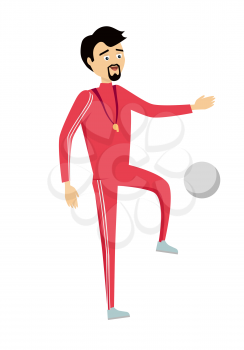 Physical education teacher in red sport suit with whistle and ball. Sportsman with ball in flat. Stand in front. Learning process. Teacher isolated character. School personage. Vector illustration