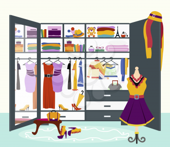 Clothing storage concept vector. Flat design. Womans wardrobe with mirror filled variety clothing, dresses, blouses, shirts, hats, shoes and accessories. Ladies treasures illustration.