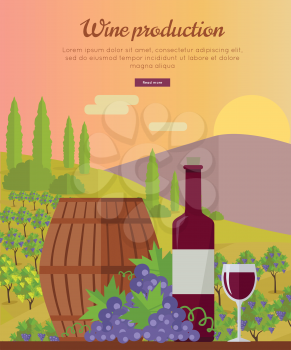 Wine production banner. Bottle of wine, beaker, vineyard, wooden barrel, with grape valley on background. Creative advertisement poster for red wine. Part of series of viniculture preparation. Vector