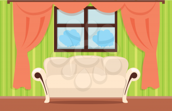 Home interior illustration with beige sofa, brown floor, red curtains, green wallpaper, window. Modern room design interior. Living room interior in flat. Vector illustration.