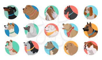 Set of dog round icons. Dog breed set. Different type of dogs. Icon collection for dog club, pet clinic and pet shop. Dog avatar. Isolated vector illustration on white background.