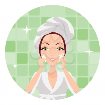 Girl cleaning and care her face, facial, treatment, beauty, healthy, hygiene, lifestyle. Young woman after morning shower in a bathroom. Skin care. Girl in white bathrobe and towel on head