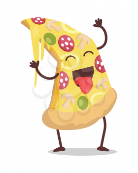 Smiling and dancing slice of pizza vector. Flat design. Funny cartoon of fast food dish. For restaurant menu illustrating, food concepts, diet infographics. Tasty classic snack. On white background