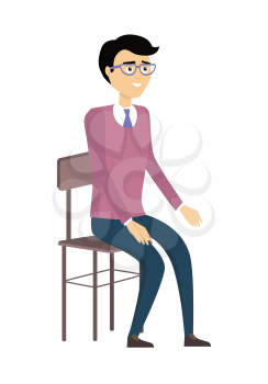 Man in purple sweater and and blue pants sitting on chair. Smiling brunette with glasses character. Isolated object in flat design on white background. Vector illustration