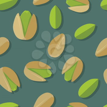 Pistachios seamless pattern vector in flat design. Traditional snack. Healthy food. Nut ornament for wallpapers, polygraphy, textile, web page design, surface textures. Isolated on colored background.
