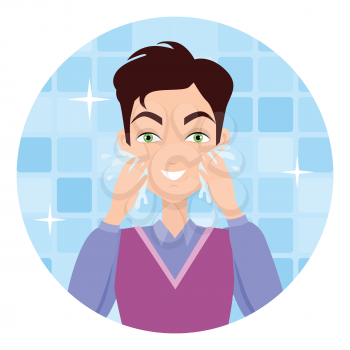 Stages of man face wash. Washing with cream cleanser or soap, shaving with razor, using moisturizer or lotion after shave. Boy cares about his look. Part of series of face care. Vector illustration
