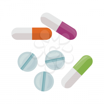 Pills vector illustration in flat style design. Variety types of drugs, dragees, gelatin capsules, pill. Antibiotic, analgesic, antidepressant. Pharmaceuticals goods. Isolated on white background.