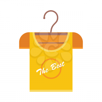 Orange t-shirt on a wooden hanger. T-shirt with lettering - The Best. Orange t-shirt template. Menswear. Isolated object on white background. Vector illustration.