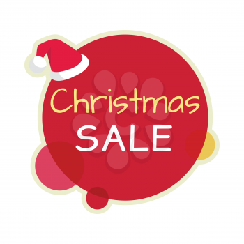 Christmas sale vector icon. Flat design. Simple round red sticker with text and santa hat. For winter holidays shopping, sales and discounts ad. Purchase gifts for the holidays. On white background.  
