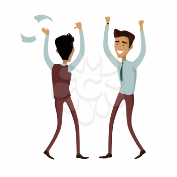 Business team work success concept. Flat style design vector. Great deal, good day on market. Two happy man with raised hands enjoying their success. Getting result. Isolated on white background.