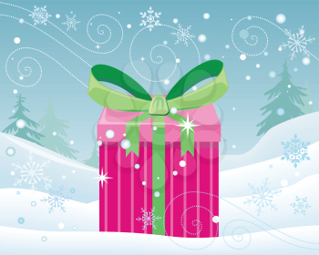 Christmas pink gift box with green bow on snowy landscape background. Cartoon present in xmas holiday concept. Gift box surprise new year. Funny illustration for children in flat style. Vector