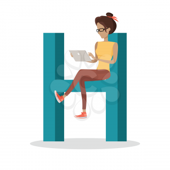 Alphabet mobile people illustration. Flat design. ABC vector with human using computer and mobile device. Girl seating on letter H and working on tablet. Social network communication concept