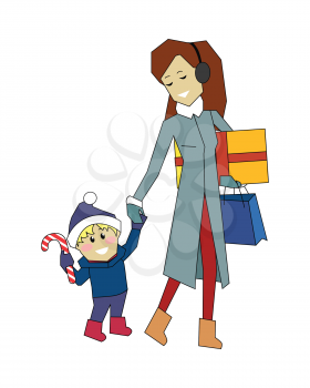 Winter holidays concept vector. Flat style. Woman in winter clothes with gifts in hand walking with her son in santa hat with candy cane. Christmas and New Year celebrating. Buying presents for family