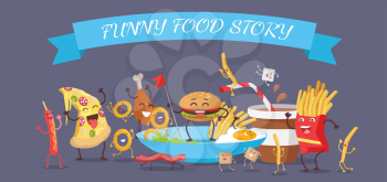 Funny food story banner. Happy fast food cartoon characters rejoice and dance. French fries, hot dog, pizza, cola, hamburger, fried eggs, chicken leg and bacon cartoon characters. Animated food.