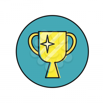 Cup winner round icon. Yellow cup winner on blue background. Win icon. Business design element. Design element, sign, symbol, icon in flat. Vector illustration.
