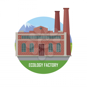 Ecology factory. Green manufacturing and producing. Eco plant icon in flat style. Environmentally friendly factory. Retailer of organic natural healthy products. Modern building of the factory. Vector