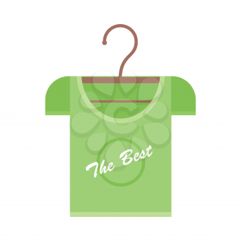 Green t-shirt on a wooden hanger. T-shirt with lettering - The Best. Green t-shirt template. Menswear. Isolated object on white background. Vector illustration.
