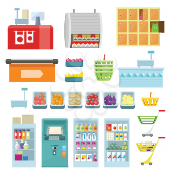 Set of trading equipment for shop vector. Flat style. Collection of furniture, inventory, products for grocery store. ATM, register, lockers, scales, refrigerator, truck basket food illustrations