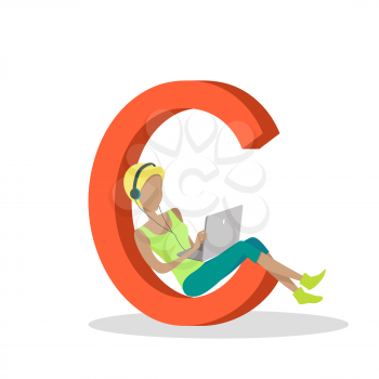 Alphabet mobile people illustration. Flat design. ABC vector with human using computer and mobile device. Woman seating on letter C and working on laptop. Social network communication concept
