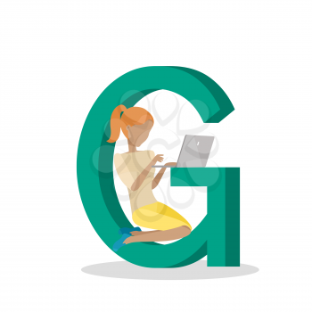 Alphabet mobile people illustration. Flat design. ABC vector with human using computer and mobile device. Girl seating on letter G and working on laptop. Social network communication. concept.