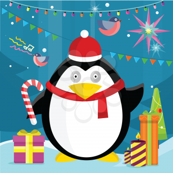 Penguin with candy stick near christmas presents on background with snow, fir trees, and new year garland. Winter holiday concept. Merry Christmas card, celebration holiday greeting card. Vector