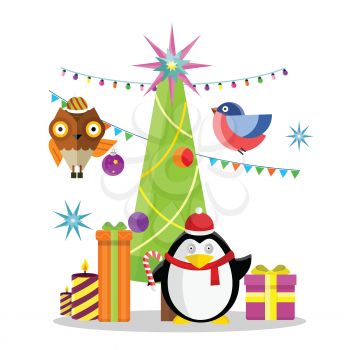 Winter holidays vector concept. Flat design. Christmas tree with toys, gift boxes, lighted candles, garlands, penguin in Santa hat, flying owl and bullfinch. Christmas and New Year celebrating