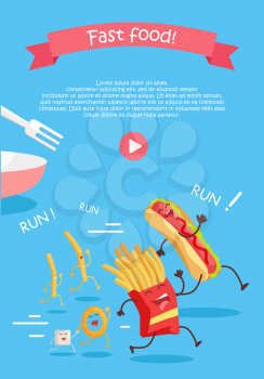 Fast food cartoon characters banner. Happy fast food cartoon characters running away from fork. French fries and hot dog cartoon characters on blue background. Animated food in flat.